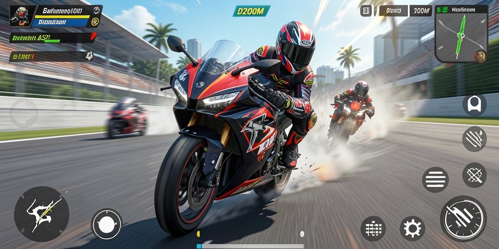 Gameplay D200M yang seru dengan aksi balapan motor yang mendebarkan.