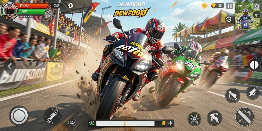 Tampilan gameplay DEWI5000 yang mendebarkan dan penuh aksi balapan motor.