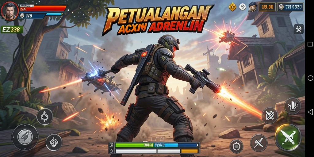 Screenshot utama EZ338 menunjukkan aksi epik dalam pertempuran intens.