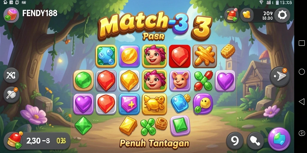 Screenshot permainan FENDY188 menunjukkan keseruan gameplay Match-3.