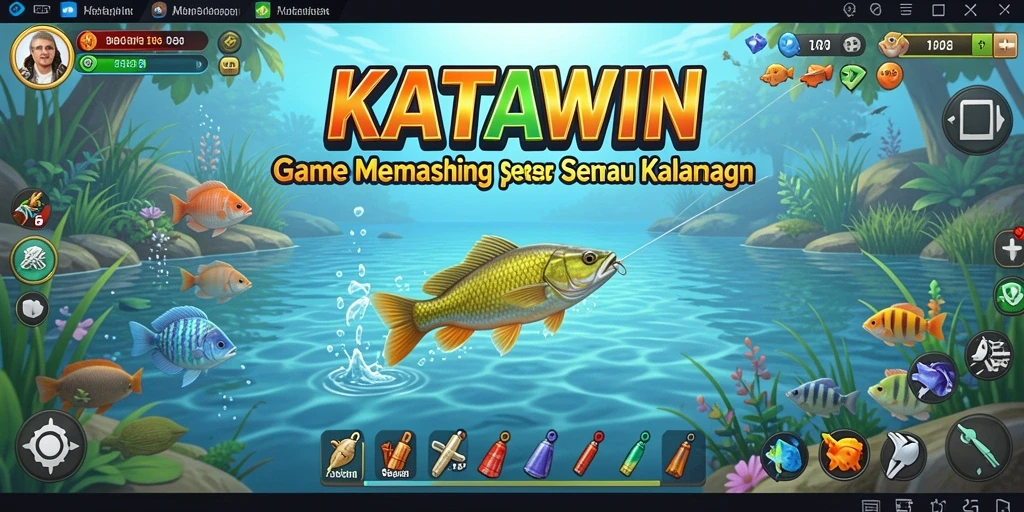 Screenshot gameplay KATAWIN memperlihatkan keseruan memancing di laut yang indah.