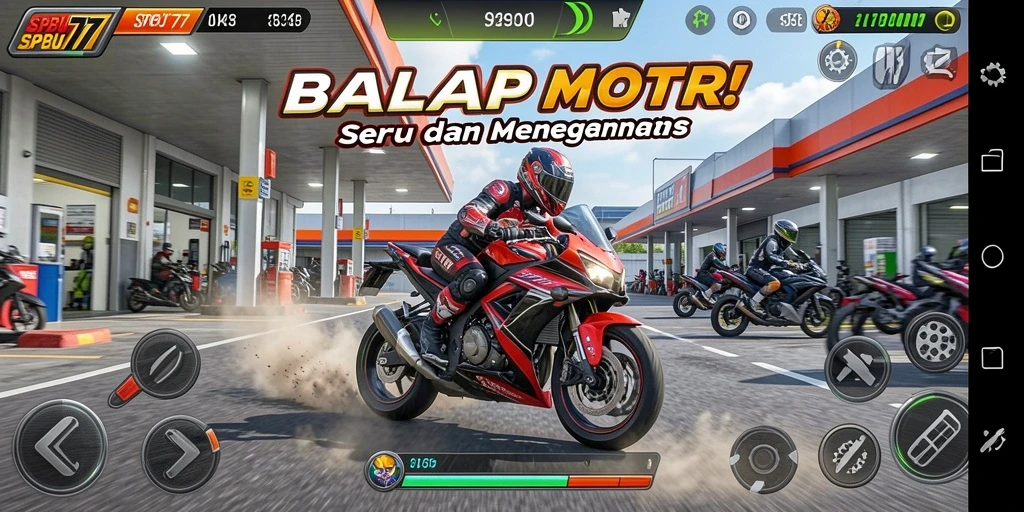 Tampilan seru gameplay SPBU77 saat balapan motor.